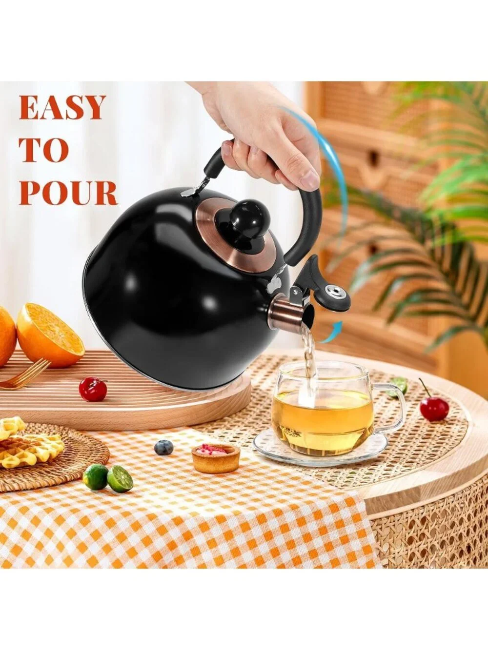 GGC Black Stainless Steel Kettles 2.6QT Whistling Stove Top Folding Wood Handle